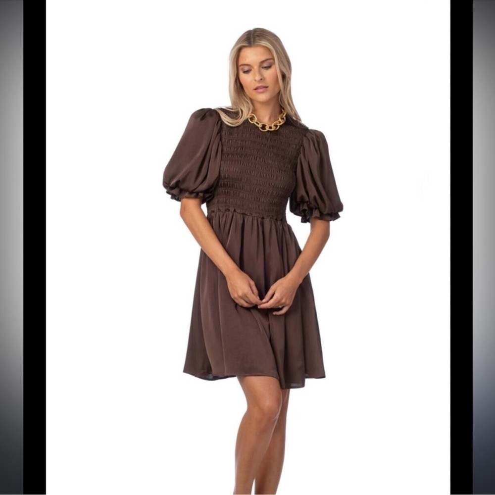 Crosby by Mollie Burch Lizzy dress in Java Elegant Brown Puff Sleeve Dress